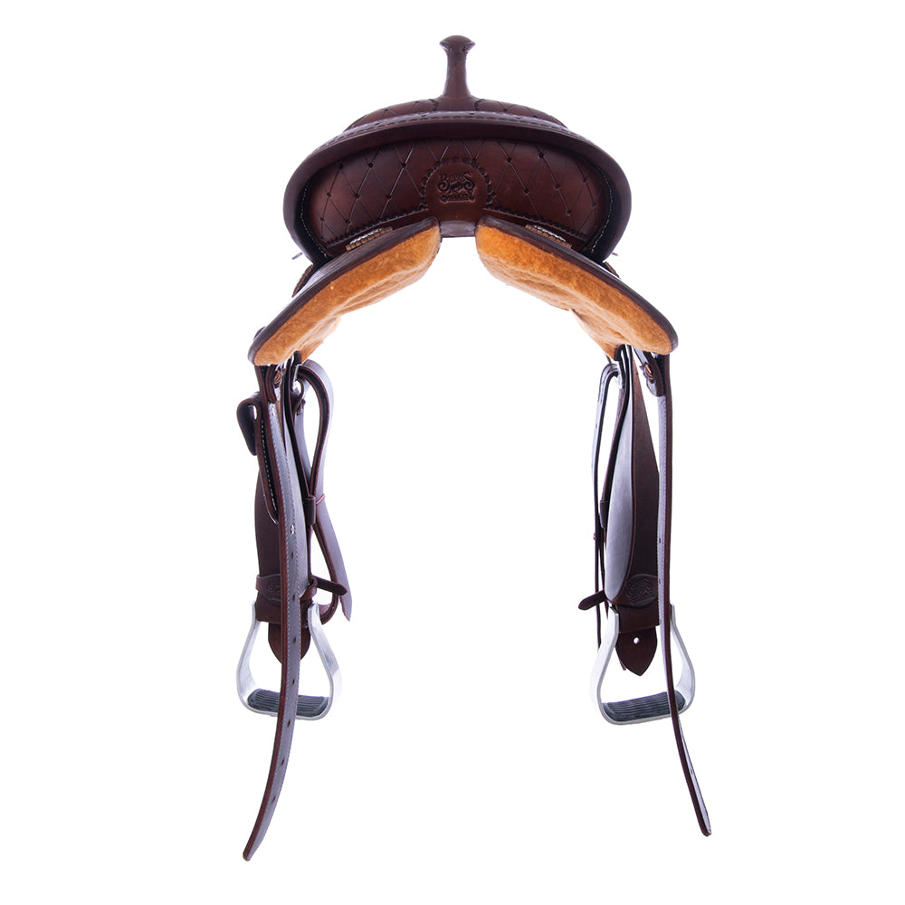 Barrel Saddle – Chocolate Leather, Smooth/Roughout, Round Skirt, 1/2 Quilt Tooling, Cheyenne