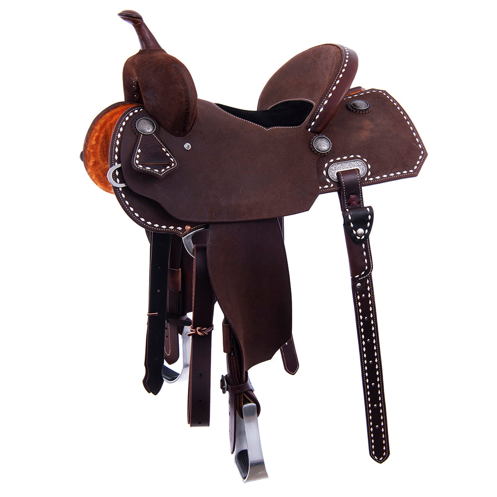 Chocolate Roughout Barrel Saddle- Notched Skirts, White Buckstitch Border, Cheyenne, Black Suede Inlay