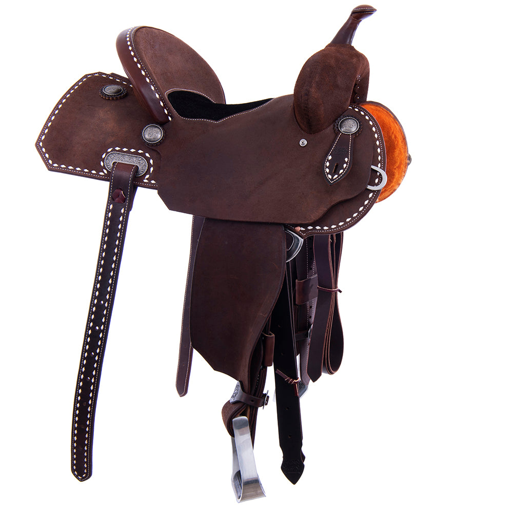 Chocolate Roughout Barrel Saddle- Notched Skirts, White Buckstitch Border, Cheyenne, Black Suede Inlay