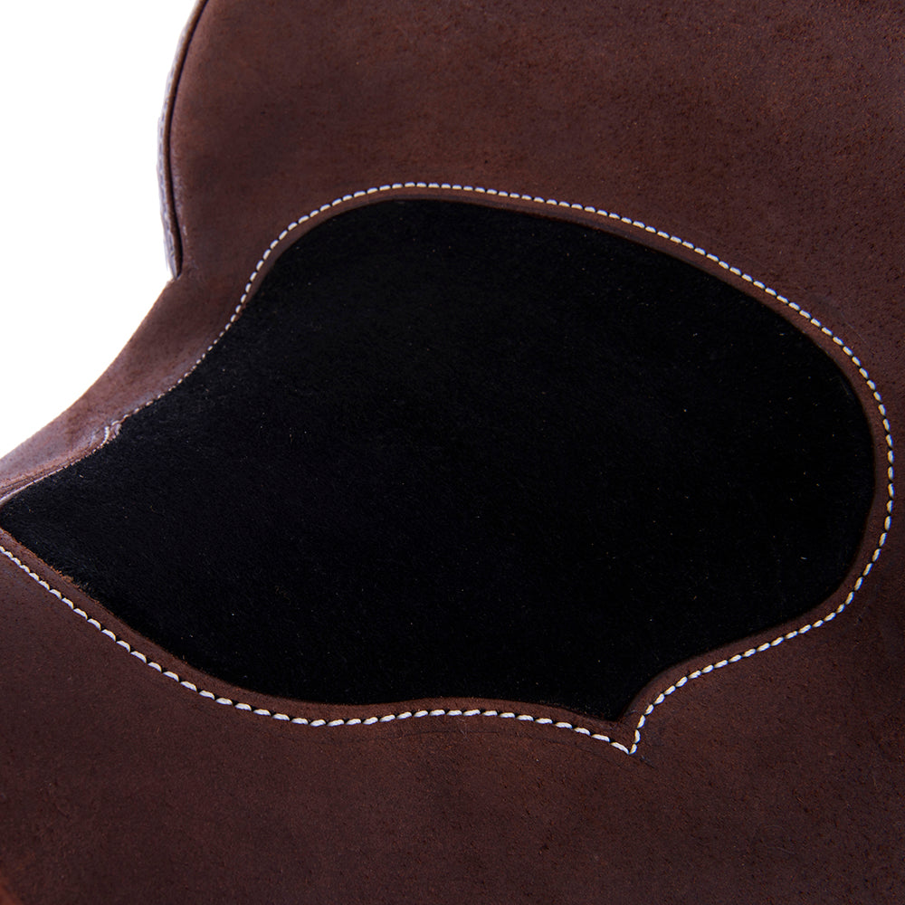 Chocolate Roughout Barrel Saddle- Notched Skirts, White Buckstitch Border, Cheyenne, Black Suede Inlay