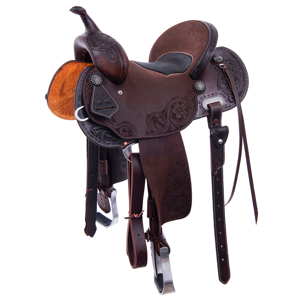 Chocolate 1/2 Smooth 1/2 Roughout Barrel Saddle-Round Skirts, D Daisy Floral Corner; Full Black Buckstitch, Black Bison Inlay