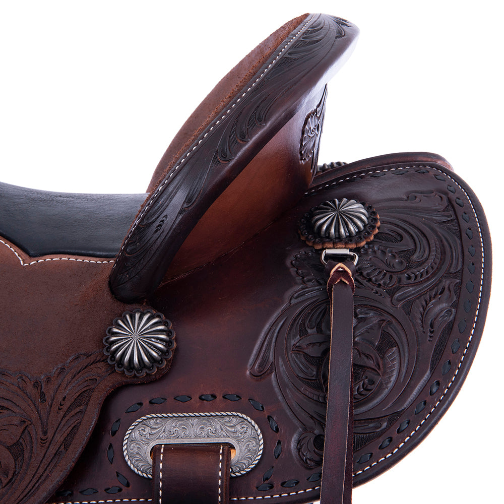 Chocolate 1/2 Smooth 1/2 Roughout Barrel Saddle-Round Skirts, D Daisy Floral Corner; Full Black Buckstitch, Black Bison Inlay