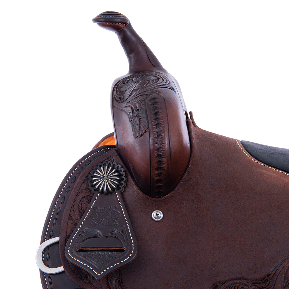 Chocolate 1/2 Smooth 1/2 Roughout Barrel Saddle-Round Skirts, D Daisy Floral Corner; Full Black Buckstitch, Black Bison Inlay