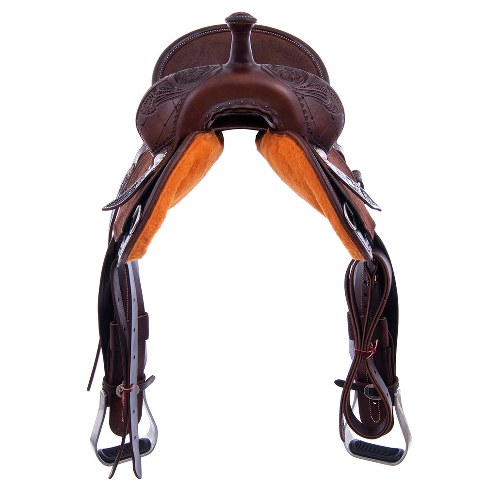 Chocolate 1/2 Smooth 1/2 Roughout Barrel Saddle- Round Skirts, Full Quilt and Sunny D, Pencil Roll, Hard Seat