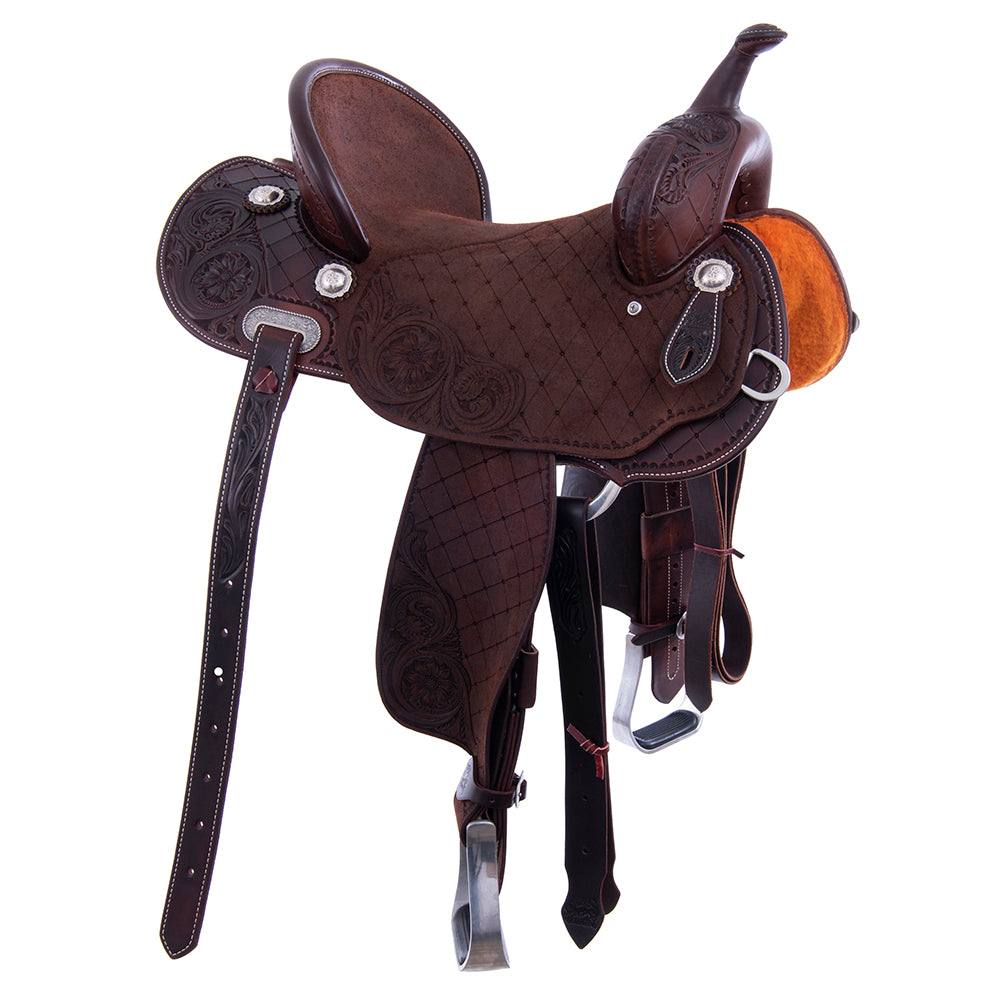 Chocolate 1/2 Smooth 1/2 Roughout Barrel Saddle- Round Skirts, Full Quilt and Sunny D, Pencil Roll, Hard Seat