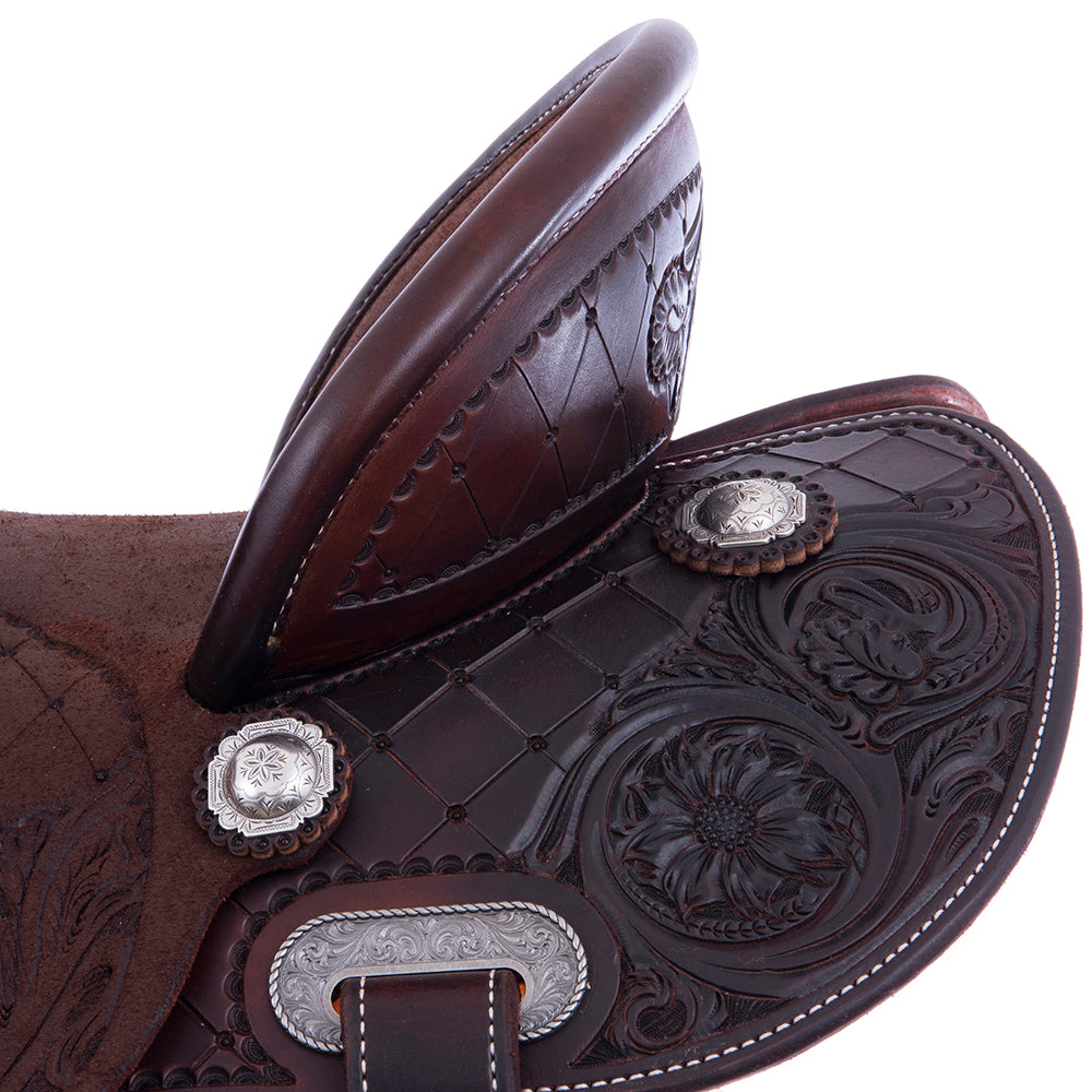 Chocolate 1/2 Smooth 1/2 Roughout Barrel Saddle- Round Skirts, Full Quilt and Sunny D, Pencil Roll, Hard Seat