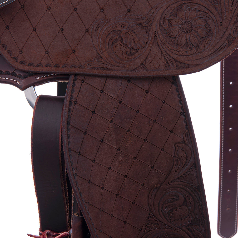 Chocolate 1/2 Smooth 1/2 Roughout Barrel Saddle- Round Skirts, Full Quilt and Sunny D, Pencil Roll, Hard Seat