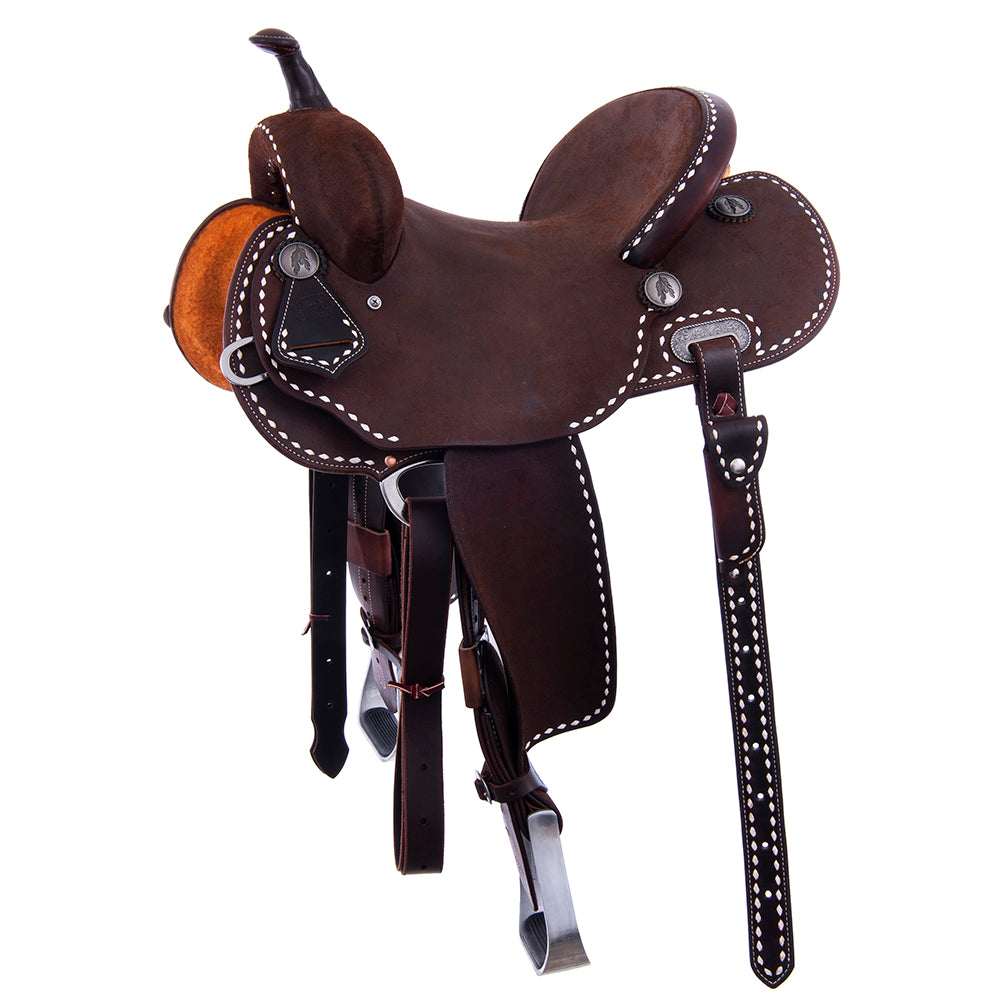 CHOCOLATE ROUGHOUT BARREL SADDLE- ROUND SKIRTS, FULL WHITE BUCKSTITCH, CHEYENNE