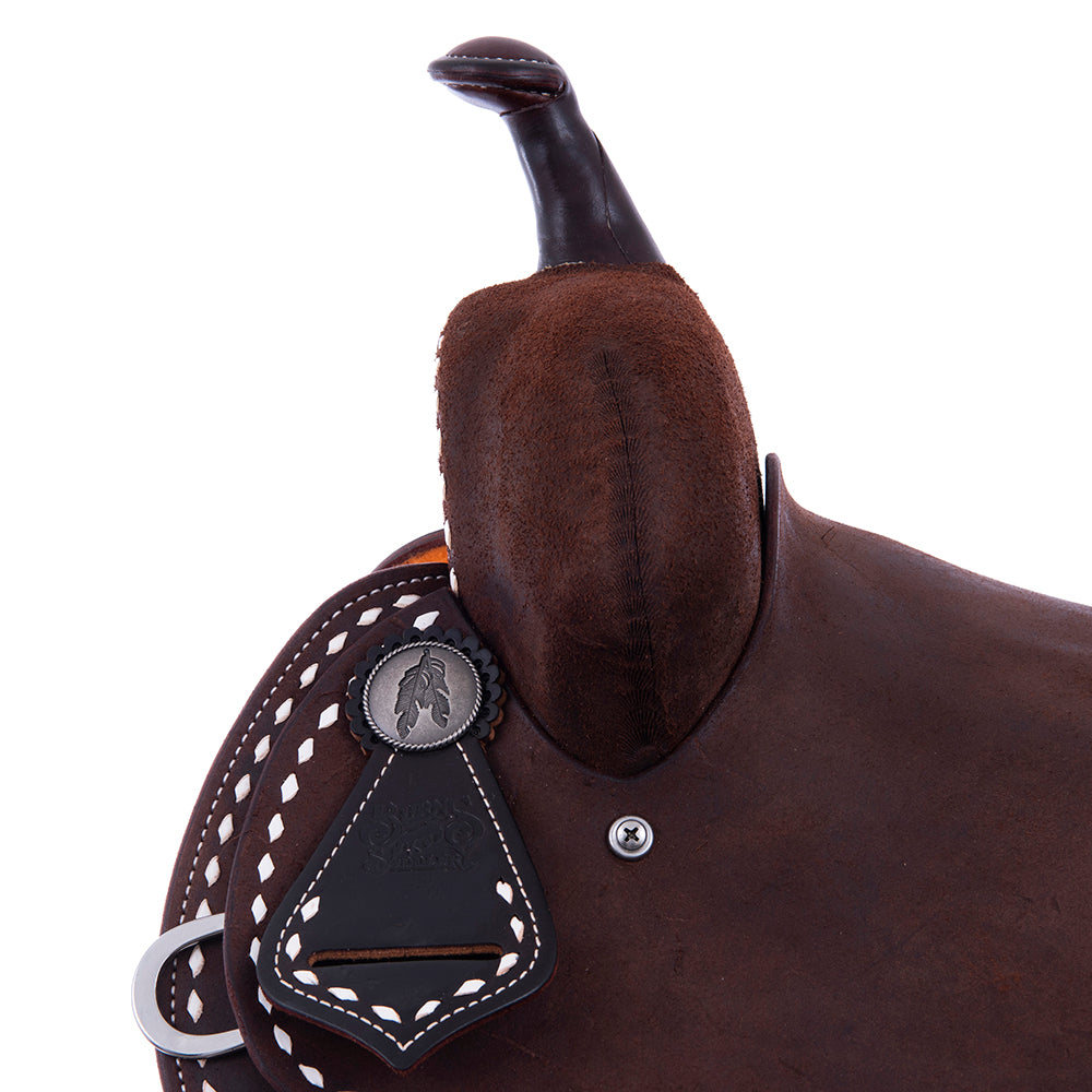 CHOCOLATE ROUGHOUT BARREL SADDLE- ROUND SKIRTS, FULL WHITE BUCKSTITCH, CHEYENNE