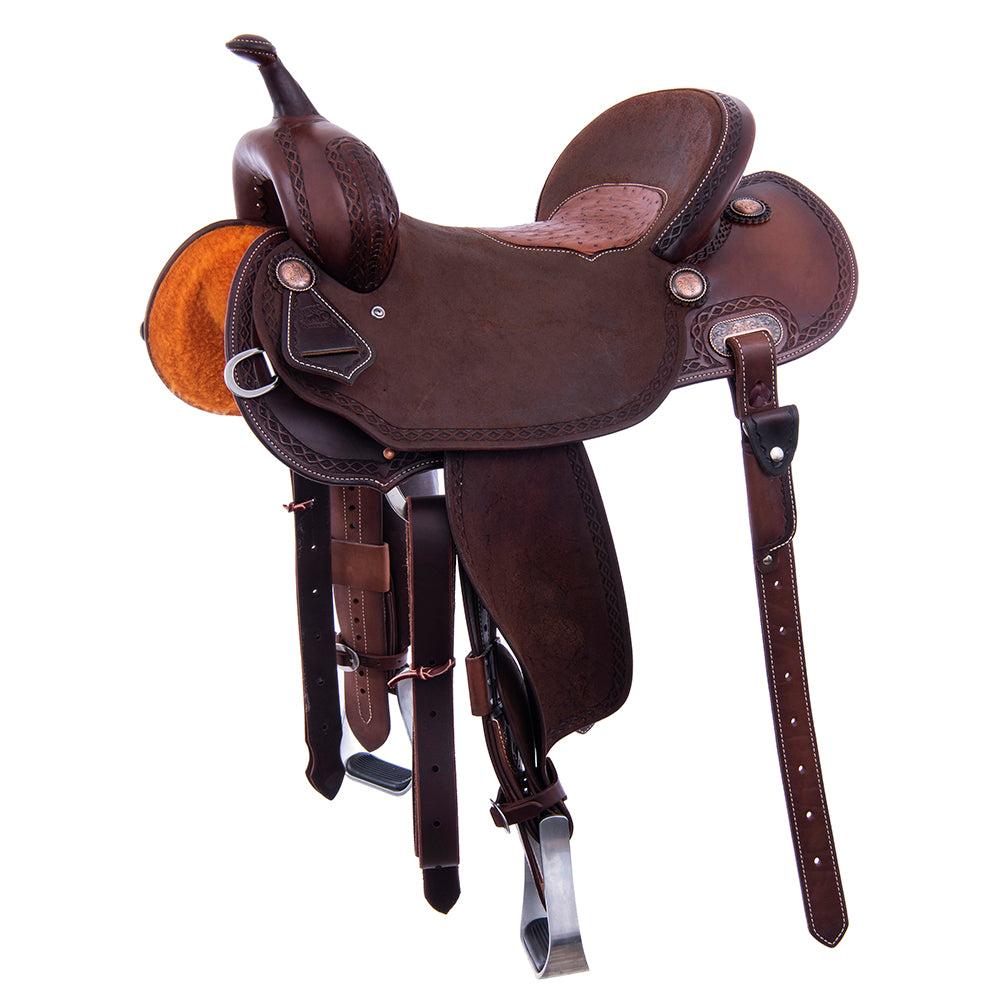 Chocolate 1/2 Smooth 1/2 Roughout Barrel Saddle- Round Skirts, Diamond Half Diamond Border, Cheyenne, Brandy Ostrich Inlay