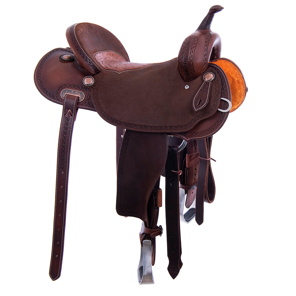 Chocolate 1/2 Smooth 1/2 Roughout Barrel Saddle- Round Skirts, Diamond Half Diamond Border, Cheyenne, Brandy Ostrich Inlay