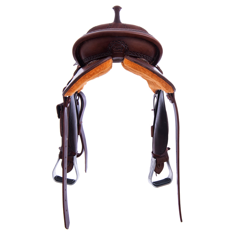 Chocolate 1/2 Smooth 1/2 Roughout Barrel Saddle- Round Skirts, Diamond Half Diamond Border, Cheyenne, Brandy Ostrich Inlay