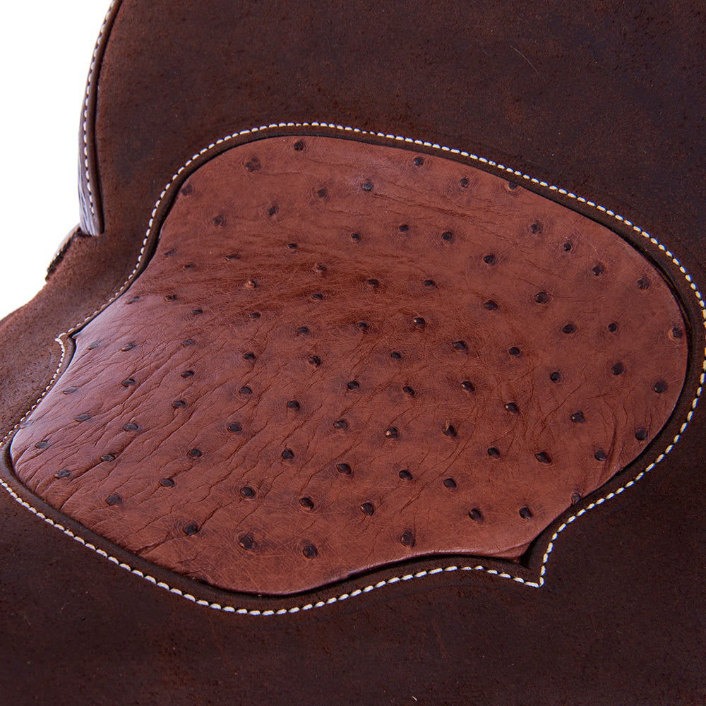 Chocolate 1/2 Smooth 1/2 Roughout Barrel Saddle- Round Skirts, Diamond Half Diamond Border, Cheyenne, Brandy Ostrich Inlay