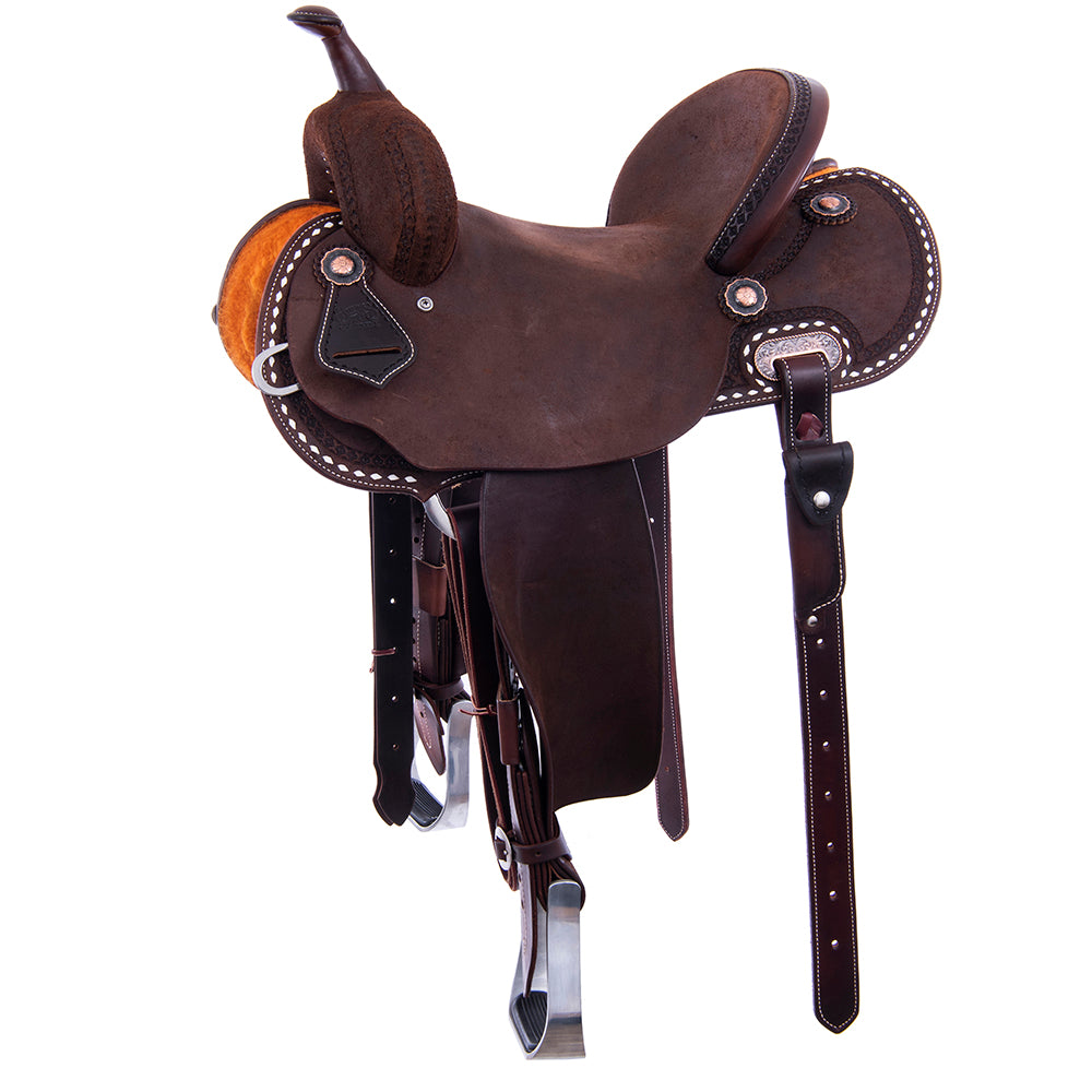 Chocolate Roughout Barrel Saddle- Round Skirts, 1/2 Celtic Border, White Buckstitch Skirt, Cheyenne