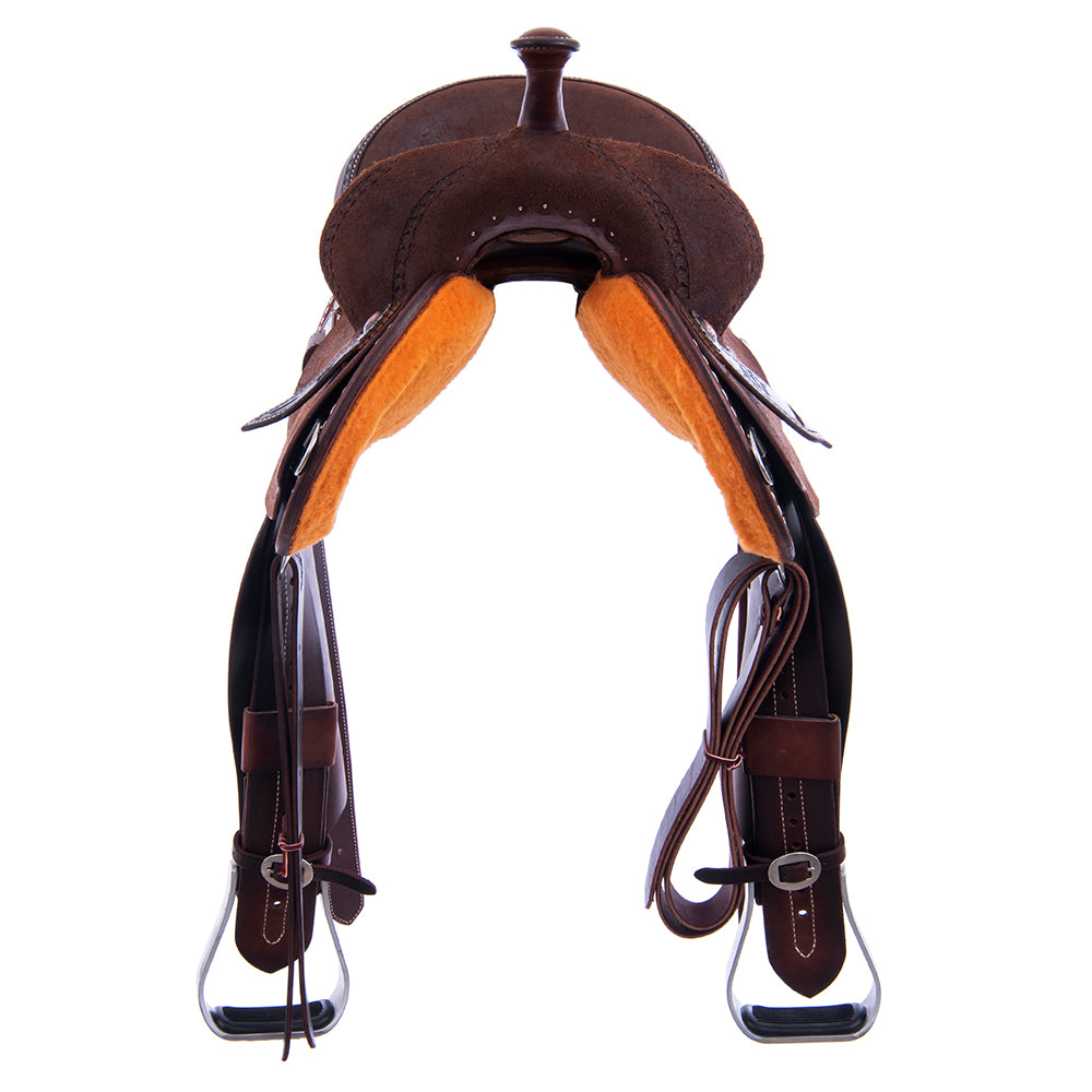 Chocolate Roughout Barrel Saddle- Round Skirts, 1/2 Celtic Border, White Buckstitch Skirt, Cheyenne