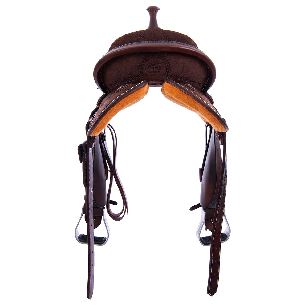Chocolate Roughout Barrel Saddle- Round Skirts, 1/2 Celtic Border, White Buckstitch Skirt, Cheyenne