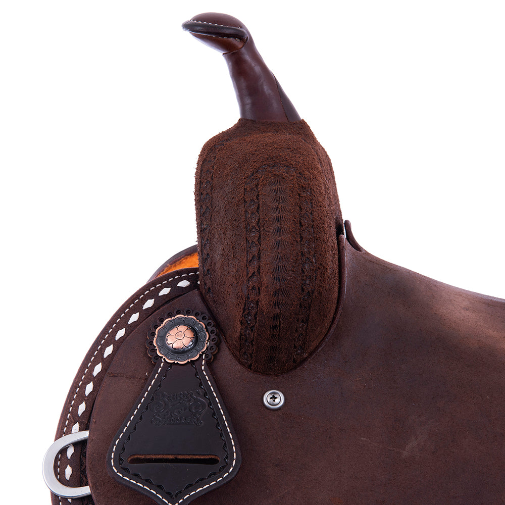 Chocolate Roughout Barrel Saddle- Round Skirts, 1/2 Celtic Border, White Buckstitch Skirt, Cheyenne