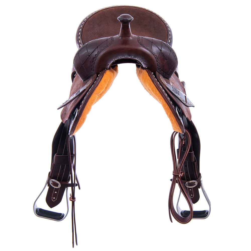 Chocolate 1/2 Smooth 1/2 Roughout Barrel Saddle- Semi Square- 1/2 Deeter Border; 7/8 Quilt; Natural Buckstitch- Cheyenne- Natural Ostrich Inlay