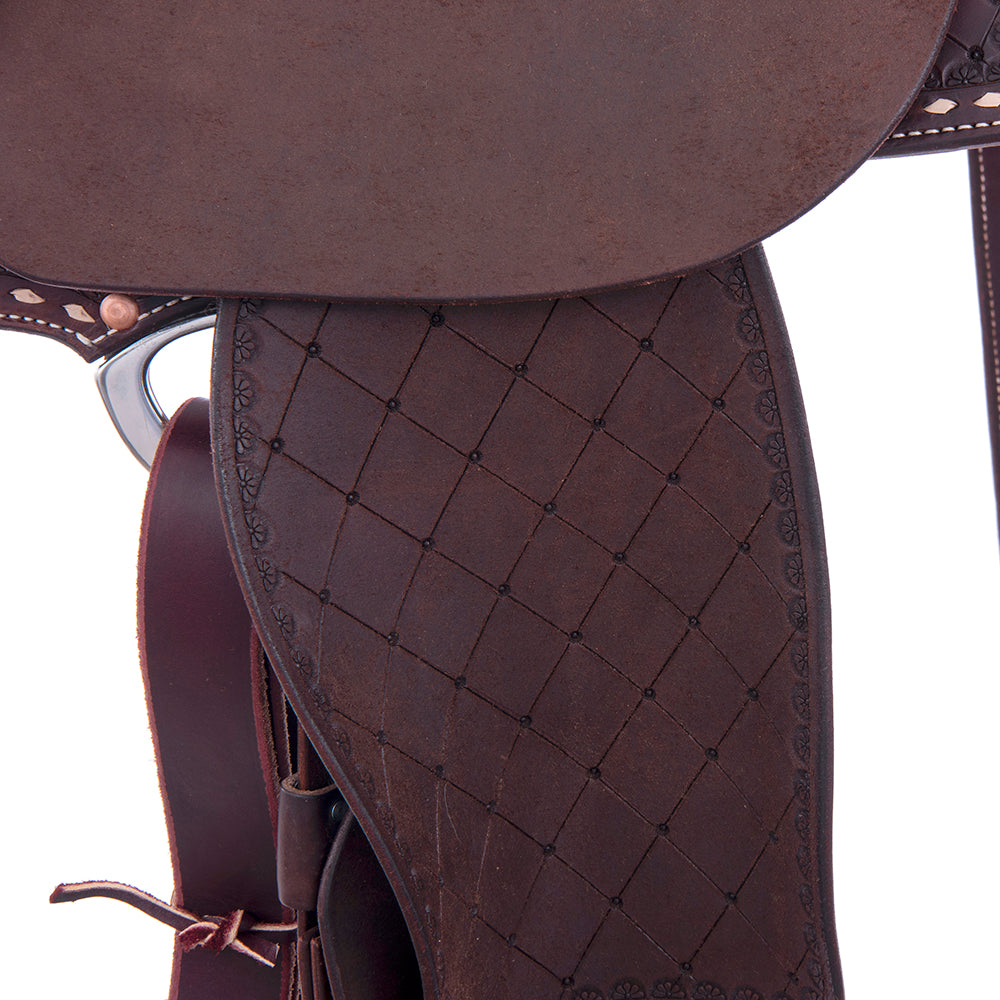 Chocolate 1/2 Smooth 1/2 Roughout Barrel Saddle- Semi Square- 1/2 Deeter Border; 7/8 Quilt; Natural Buckstitch- Cheyenne- Natural Ostrich Inlay