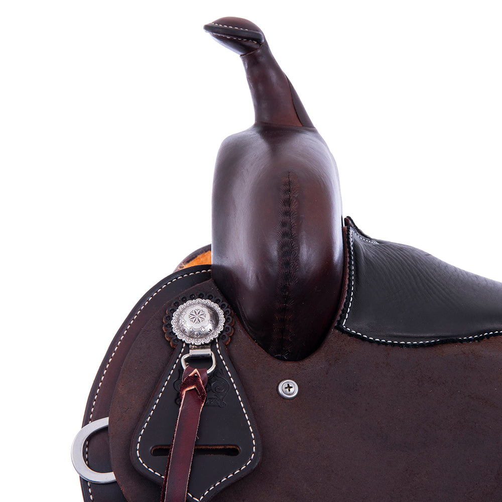 Chocolate 1/2 Smooth 1/2 Roughout Barrel Saddle- Round Skirts, No Tooling, Cheyenne, Full Smooth Black Pad
