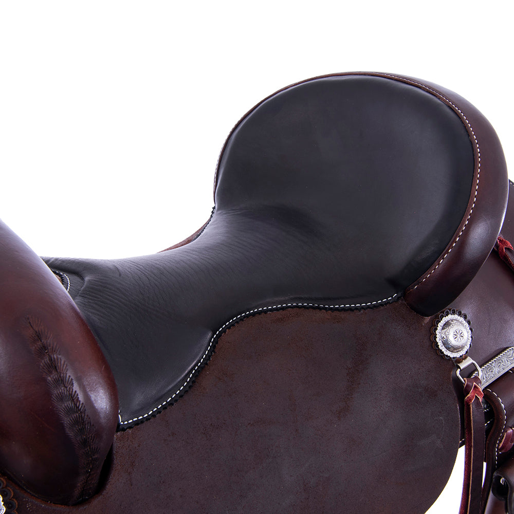 Chocolate 1/2 Smooth 1/2 Roughout Barrel Saddle- Round Skirts, No Tooling, Cheyenne, Full Smooth Black Pad