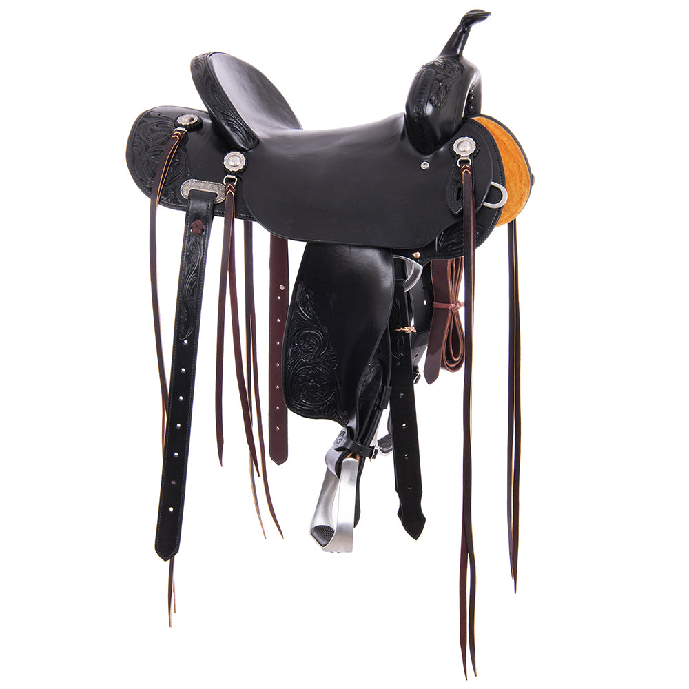 Barrel Saddle – Black Smoothout, Round Skirt, D. Daisy Floral Corner Tooling