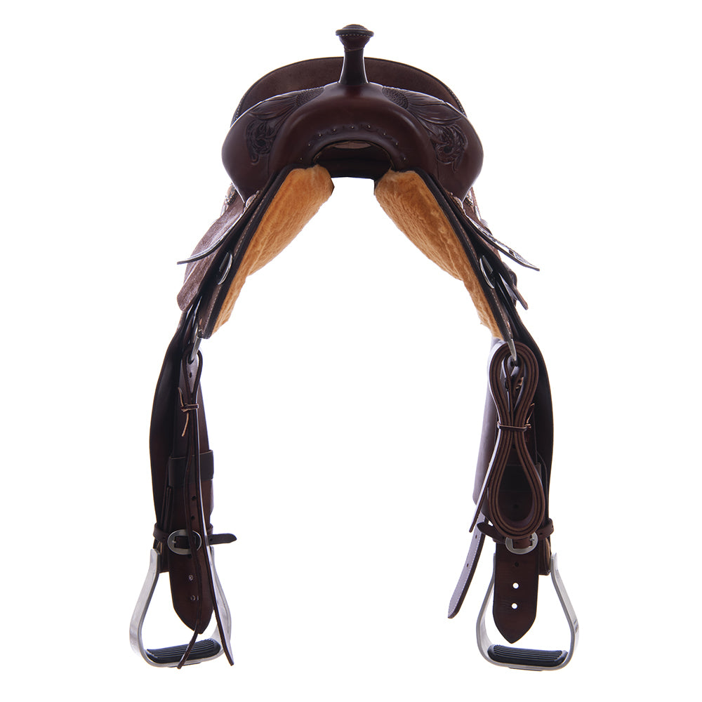 Barrel Saddle – Chocolate Smoothout/Roughout, Round Skirt, Half Sunny Daze Floral Corner Tooling