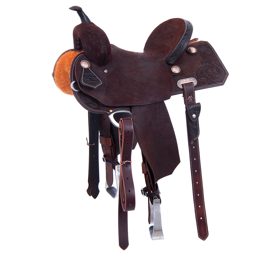 Chocolate Roughout Barrel Saddle - Notched Skirts, 1/2 D. Daisy Floral Corner, Cheyenne, Hard Seat