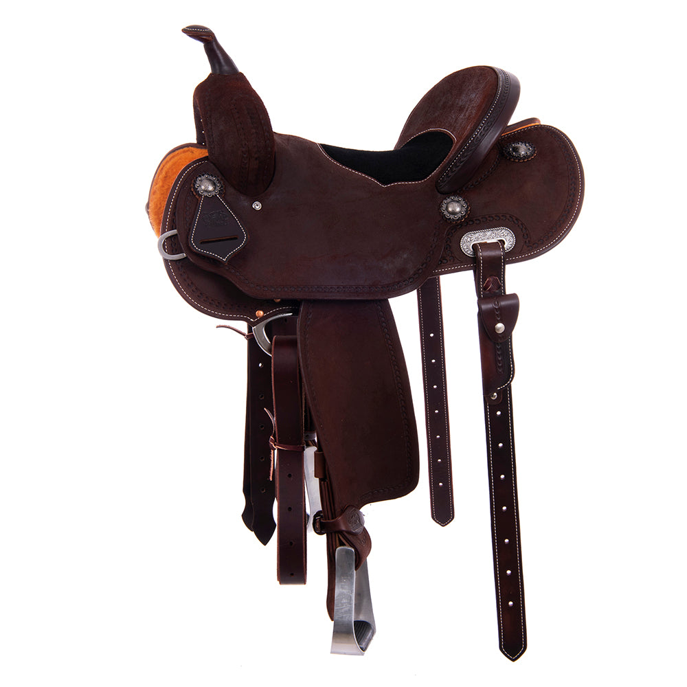 Chocolate Roughout Barrel Saddle- Round Skirts, Wishbone Border, Cheyenne, Black Inlay