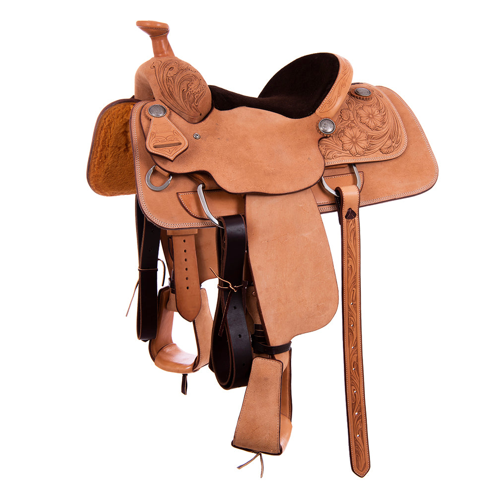 Burns Russet RO Team Roper - 1/4 WYO Floral Tooled - Full Chocolate Padded Seat