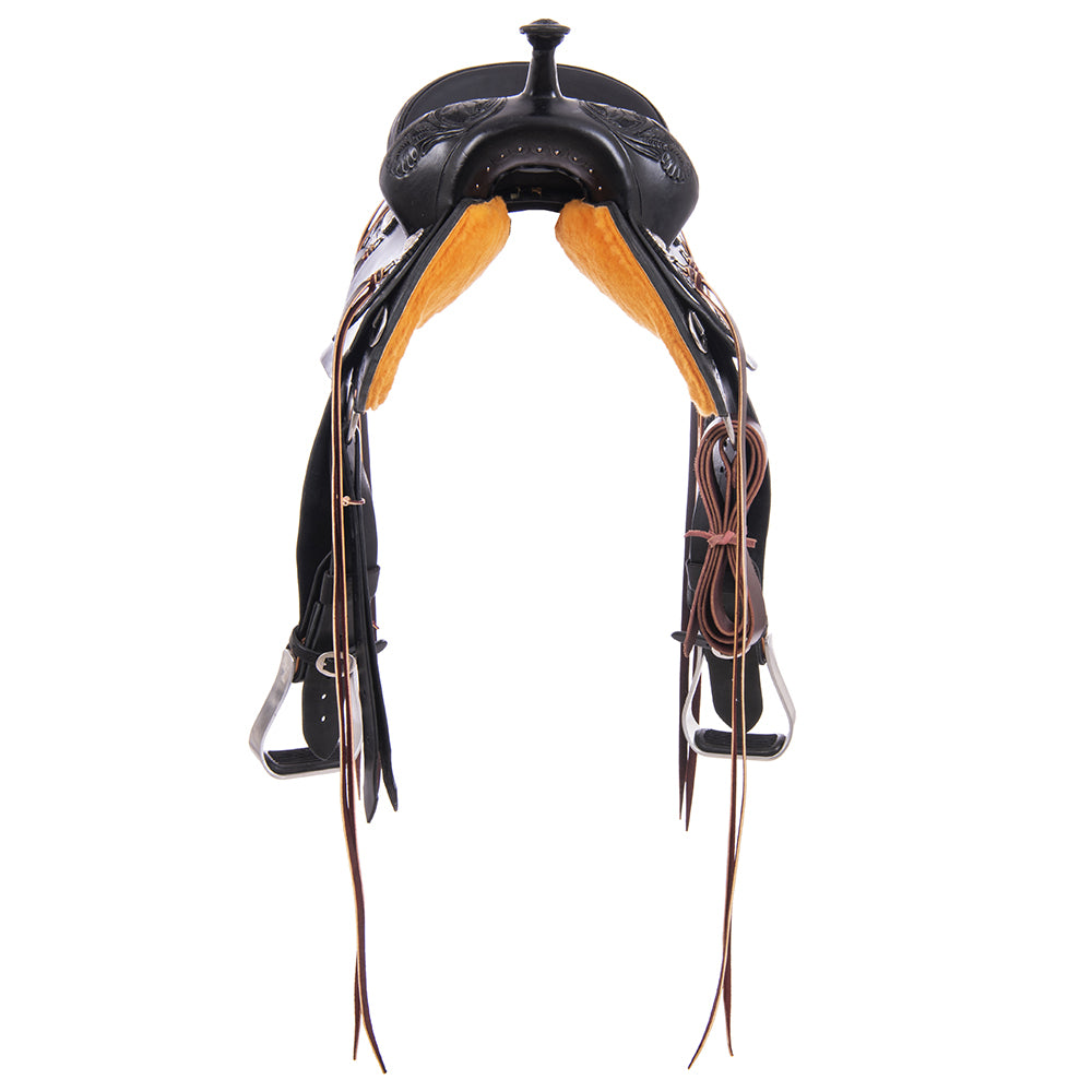 Barrel Saddle – Black Smoothout, Round Skirt, D. Daisy Floral Corner Tooling