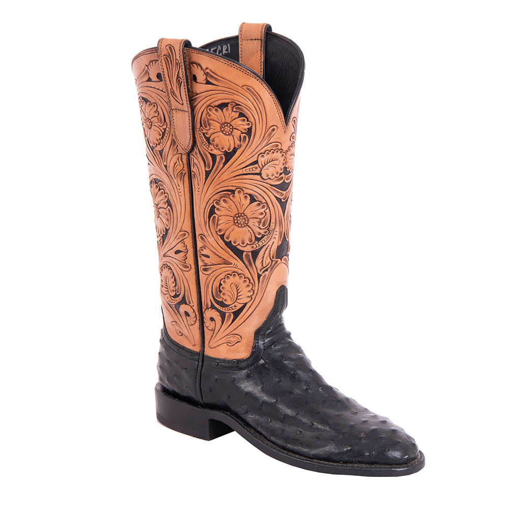 Ladies Cowboy 13" Black Ostrich Tooled Tops