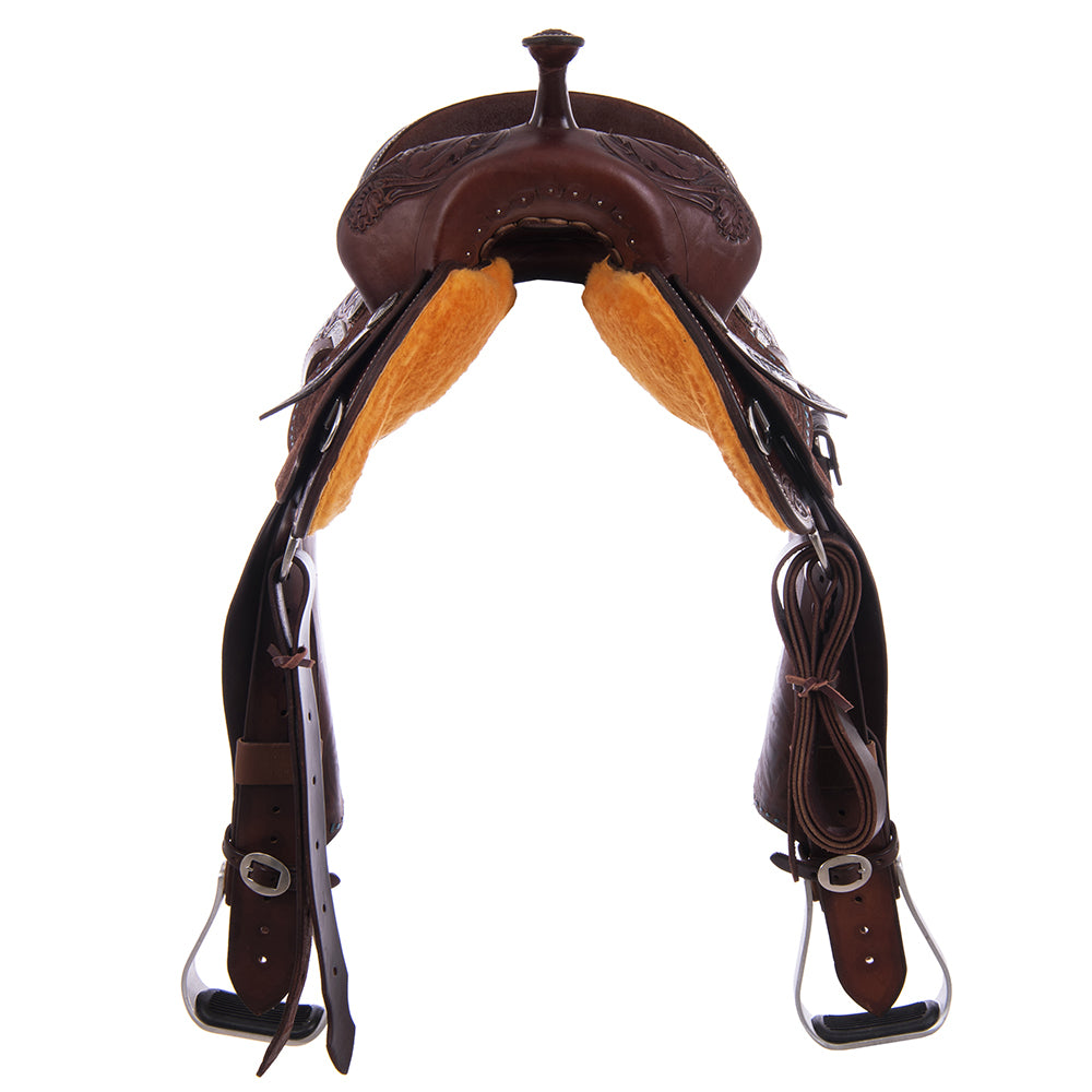 Barrel Saddle – Chocolate Smoothout/Roughout, Round Skirt, Buckstitched Feather Floral Corner Tooling