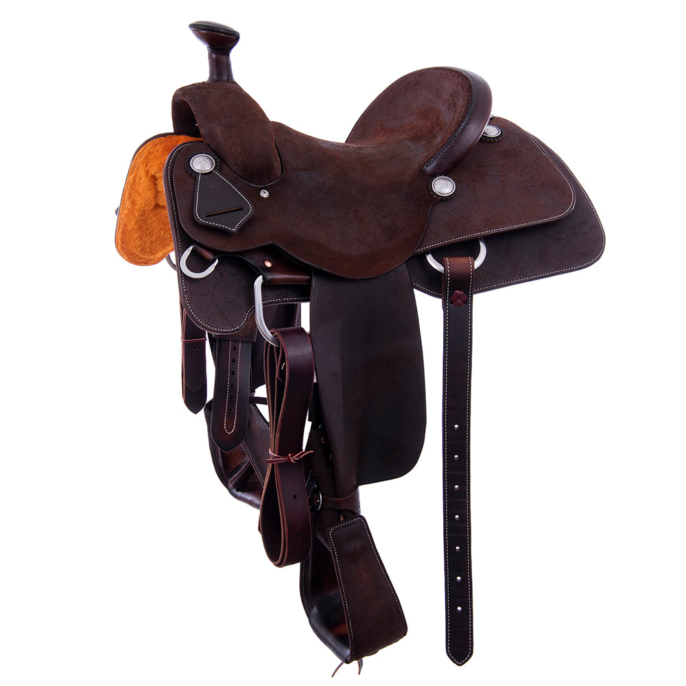 Chocolate Roughout Rope Saddle- Roper Skirts, No Tooling, Cheyenne