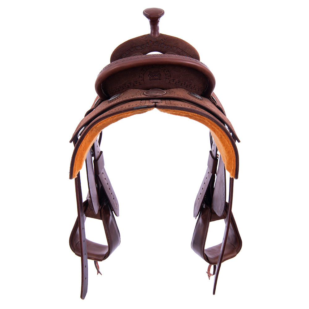 Chocolate Roughout Rope Saddle- Semi Square Skirts, Snake Border, Cheyenne, Hard Seat