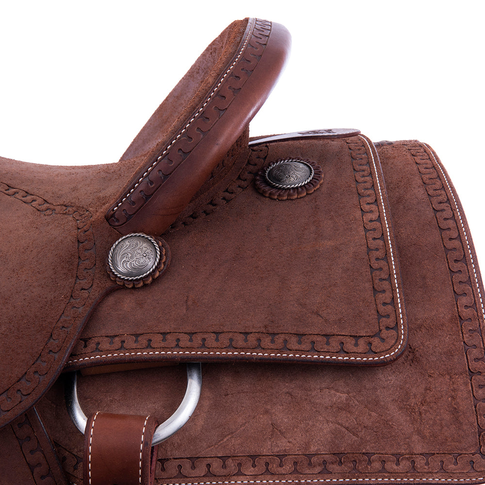 Chocolate Roughout Rope Saddle- Semi Square Skirts, Snake Border, Cheyenne, Hard Seat