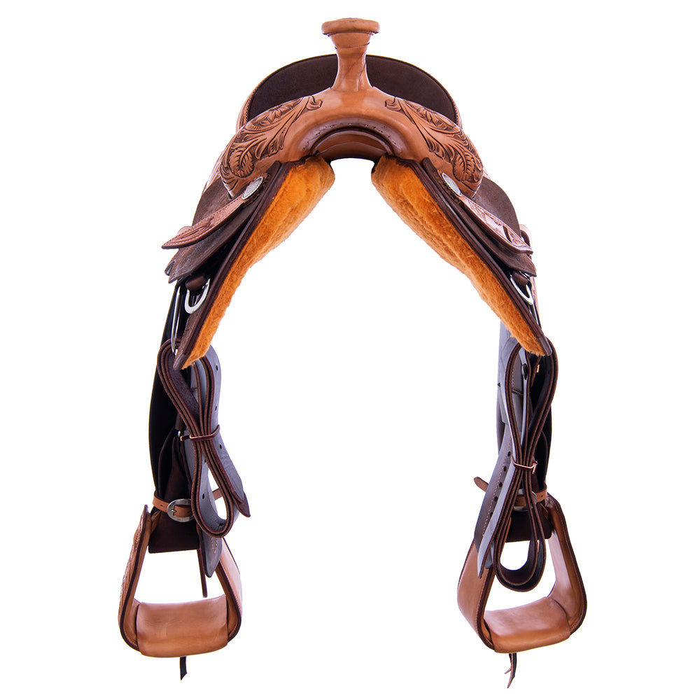 Two-Tone Roper - 1/4 Smooth Russet 3/4 Chocolate Roughout Rope Saddle- Square Notched Skirts, 1/4 Sunny D, Cheyenne
