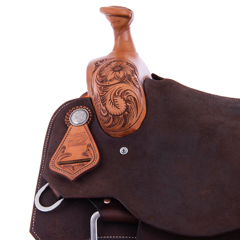 Two-Tone Roper - 1/4 Smooth Russet 3/4 Chocolate Roughout Rope Saddle- Square Notched Skirts, 1/4 Sunny D, Cheyenne