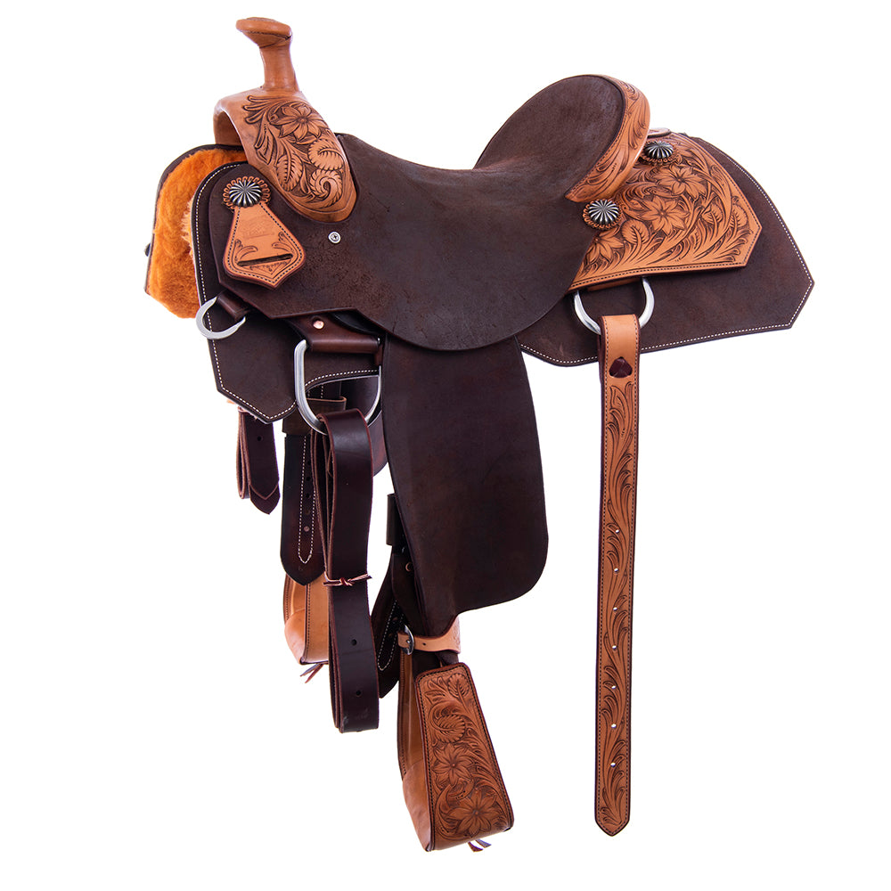 Rope Saddle- 1/4 Smooth Russet 3/4 Chocolate Roughout- Square Notched Skirts, 1/4 Sunflower