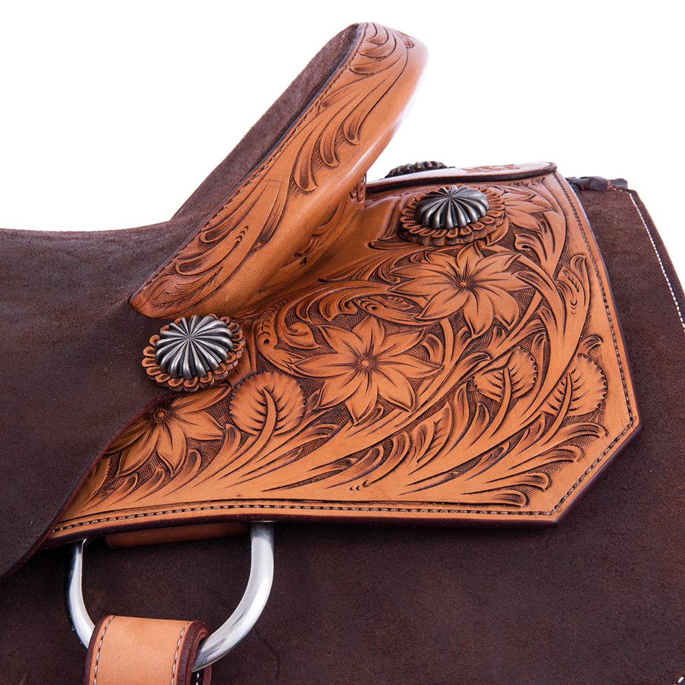 Rope Saddle- 1/4 Smooth Russet 3/4 Chocolate Roughout- Square Notched Skirts, 1/4 Sunflower