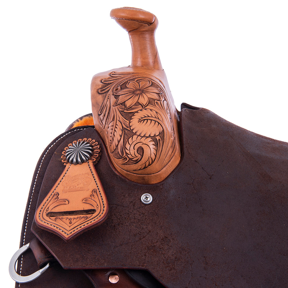 Rope Saddle- 1/4 Smooth Russet 3/4 Chocolate Roughout- Square Notched Skirts, 1/4 Sunflower