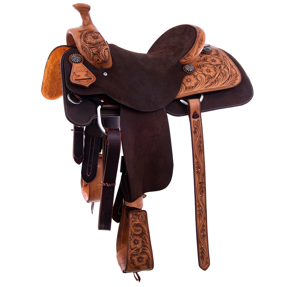 Rope Saddle- 1/4 Smooth Russet 3/4 Chocolate Roughout, Roper Skirts, 1/4 MW Floral