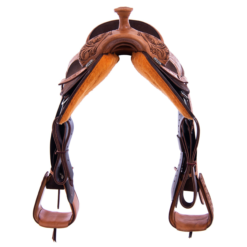 Rope Saddle- 1/4 Smooth Russet 3/4 Chocolate Roughout, Roper Skirts, 1/4 MW Floral