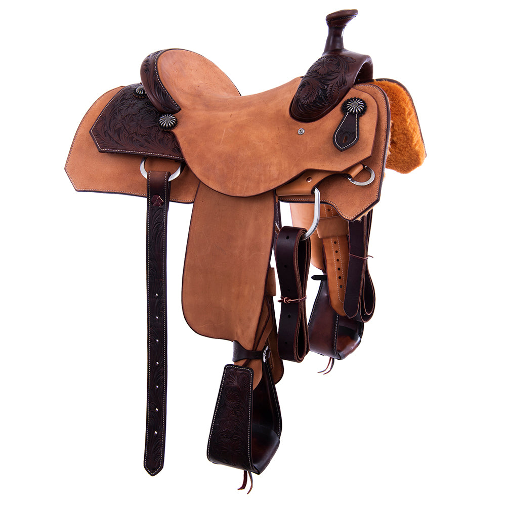 Rope Saddle- 1/4 Smooth Chocolate 3/4 Russet Roughout- Notched Skirts, 1/4 Sunflower