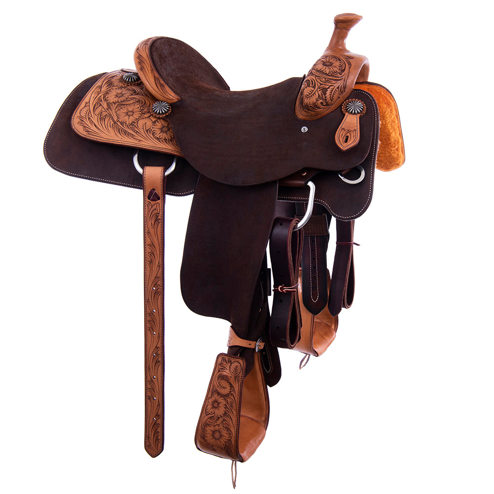 Rope Saddle- 1/4 Smooth Russet 3/4 Chocolate Roughout, Roper Skirts, 1/4 MW Floral