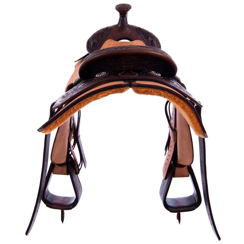 Rope Saddle- 1/4 Smooth Chocolate 3/4 Russet Roughout- Notched Skirts, 1/4 Sunflower