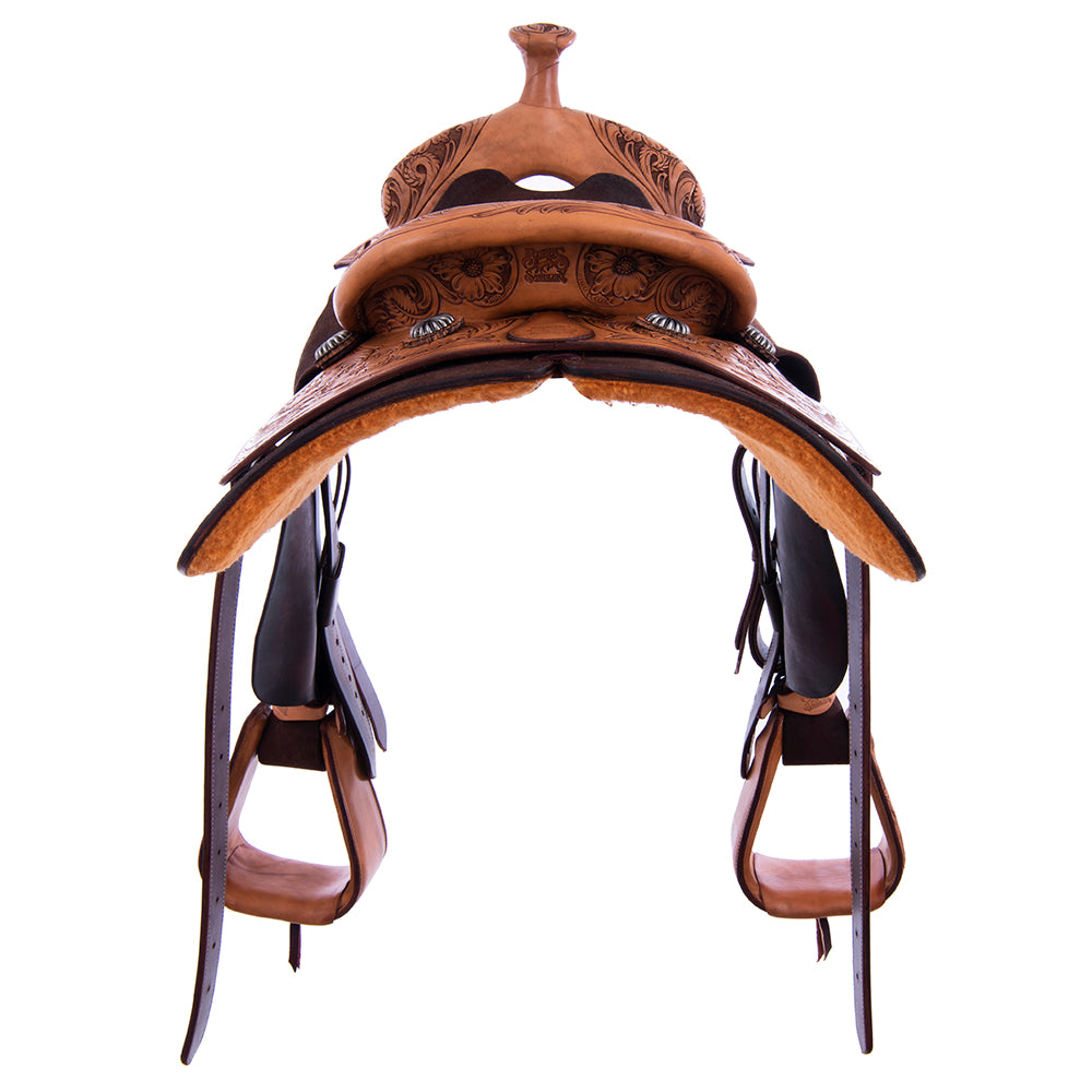 Rope Saddle- 1/4 Smooth Russet 3/4 Chocolate Roughout, Roper Skirts, 1/4 MW Floral