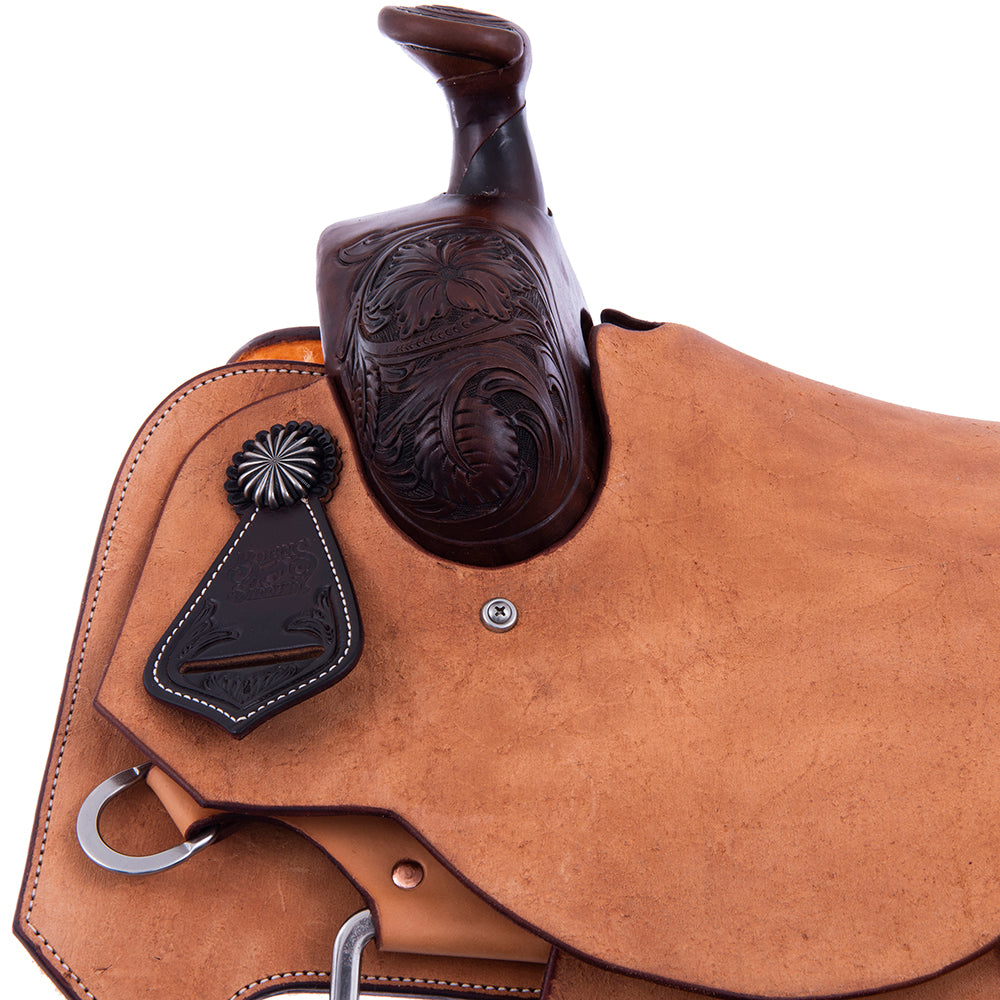 Rope Saddle- 1/4 Smooth Chocolate 3/4 Russet Roughout- Notched Skirts, 1/4 Sunflower