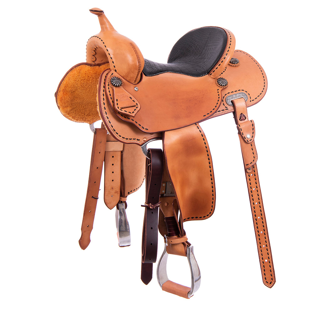 Russet SO Barrel Saddle- Round- Full BK BS- Cheyenne- Full Black Gator Padded Seat