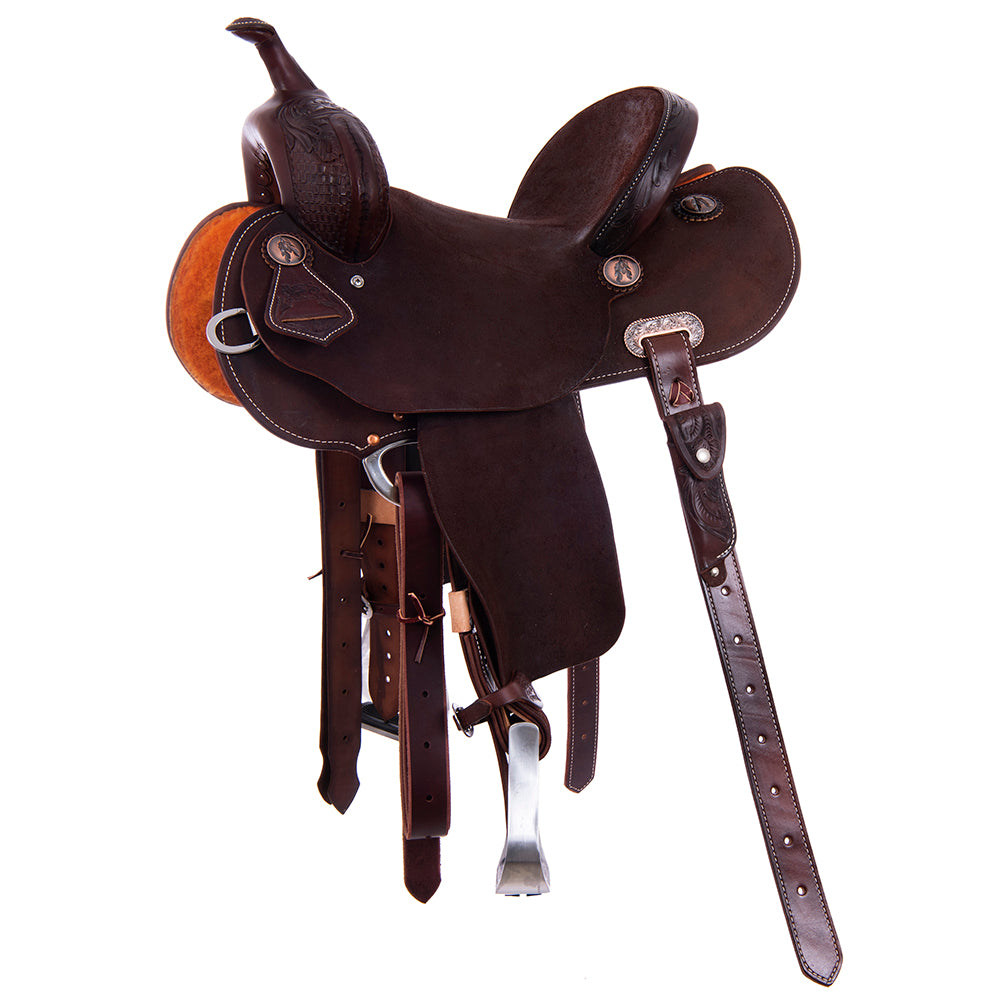 Chocolate Roughout Barrel Saddle- Round Skirts, 1/8 Waffle and D Daisy, Cheyenne, Hard Seat